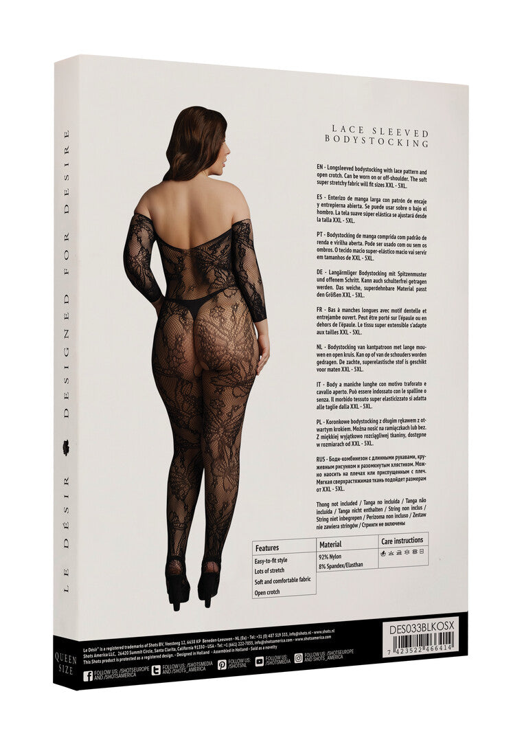 Μαύρο Bodystocking με Δαντέλα και Μανίκια – Plus Size