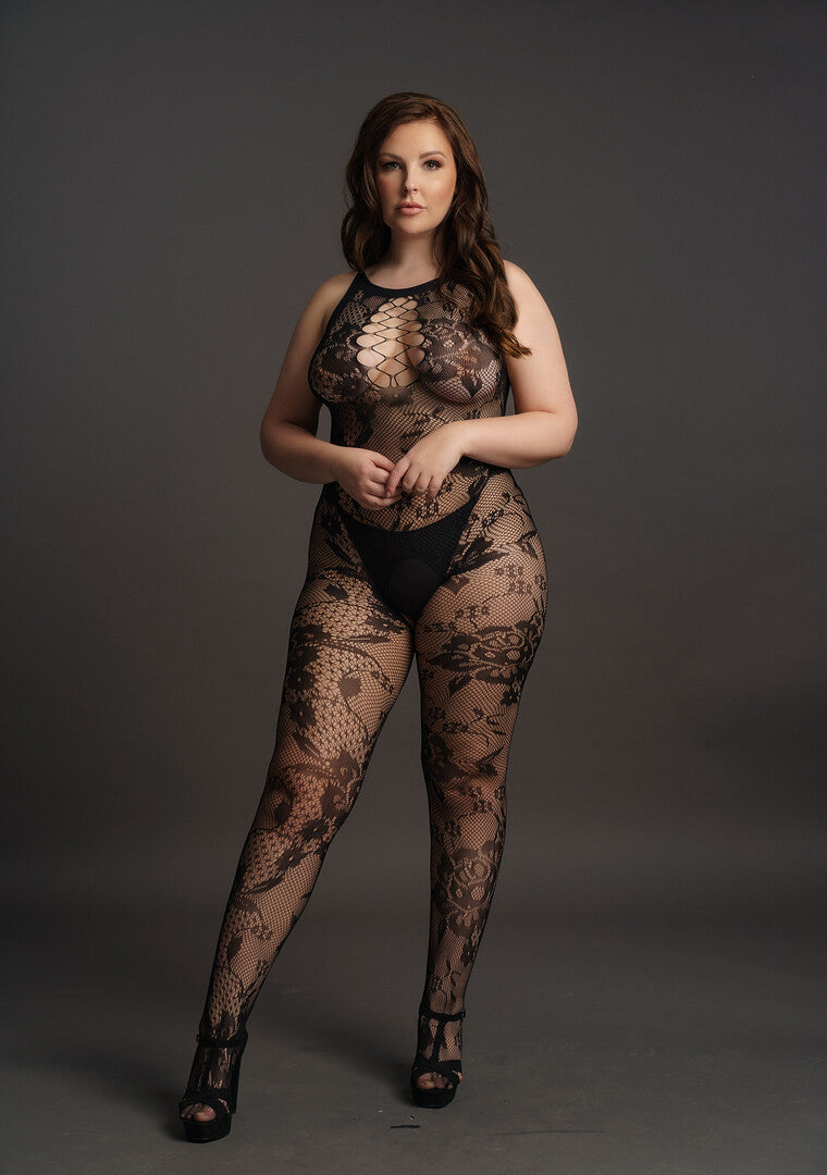 Μαύρο Bodystocking με Criss Cross Λεπτομέρειες  – Plus Size