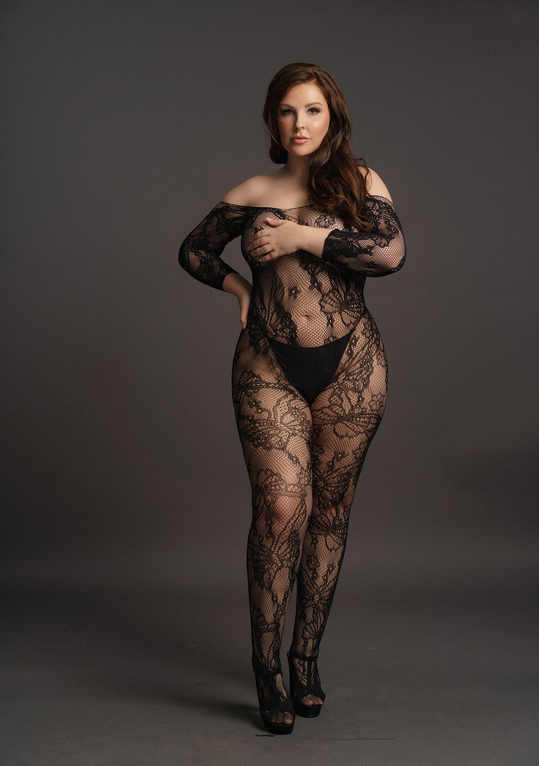 Μαύρο Bodystocking με Δαντέλα και Μανίκια  – Plus Size