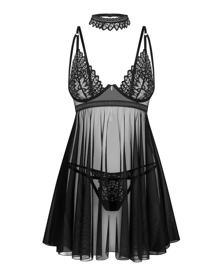 Donarella Μαύρο Σετ Babydoll, Choker & Στρινγκ
